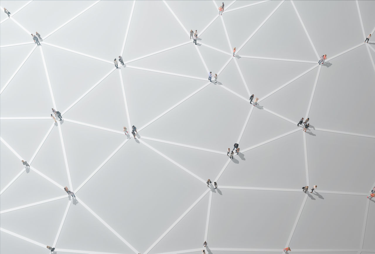 Crowd of people on network connection lines.