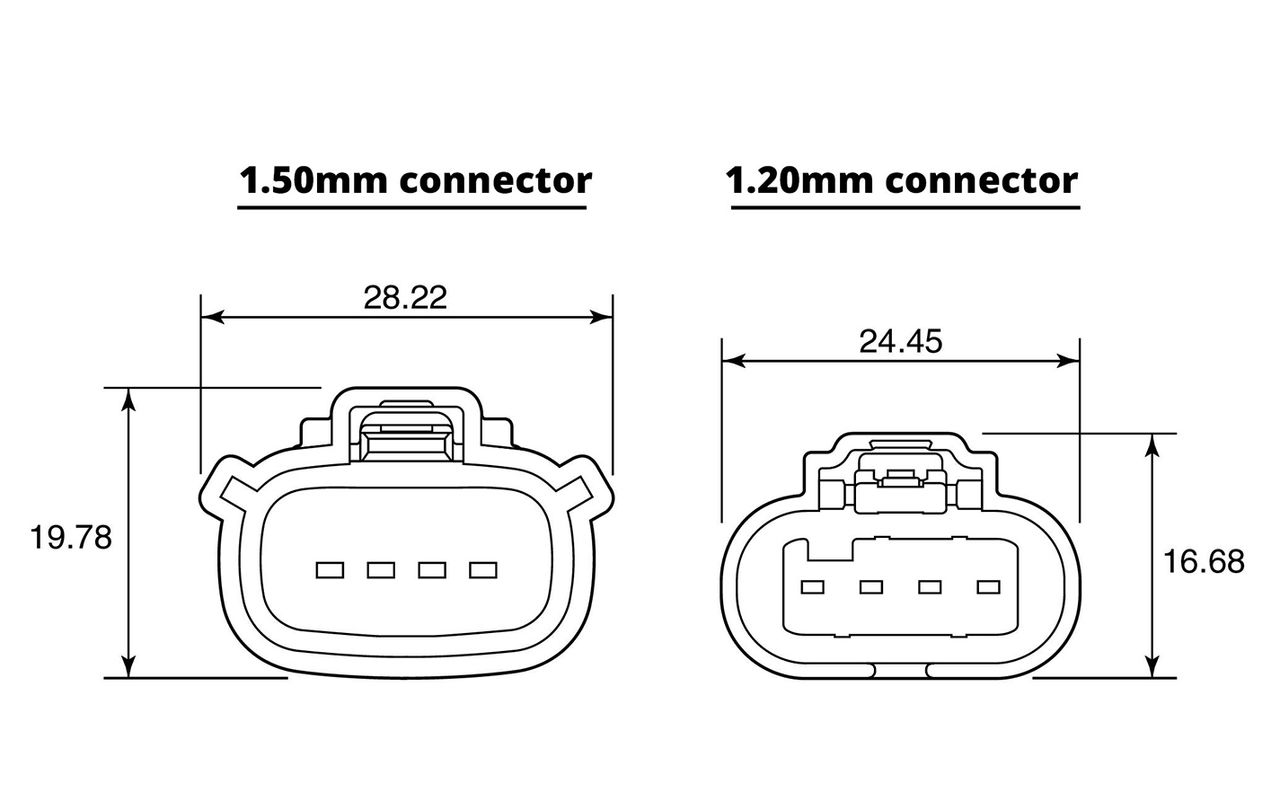 A drawing showing the size comparison between a 1.50mm cavity connector and a 1.20mm cavity connector.
