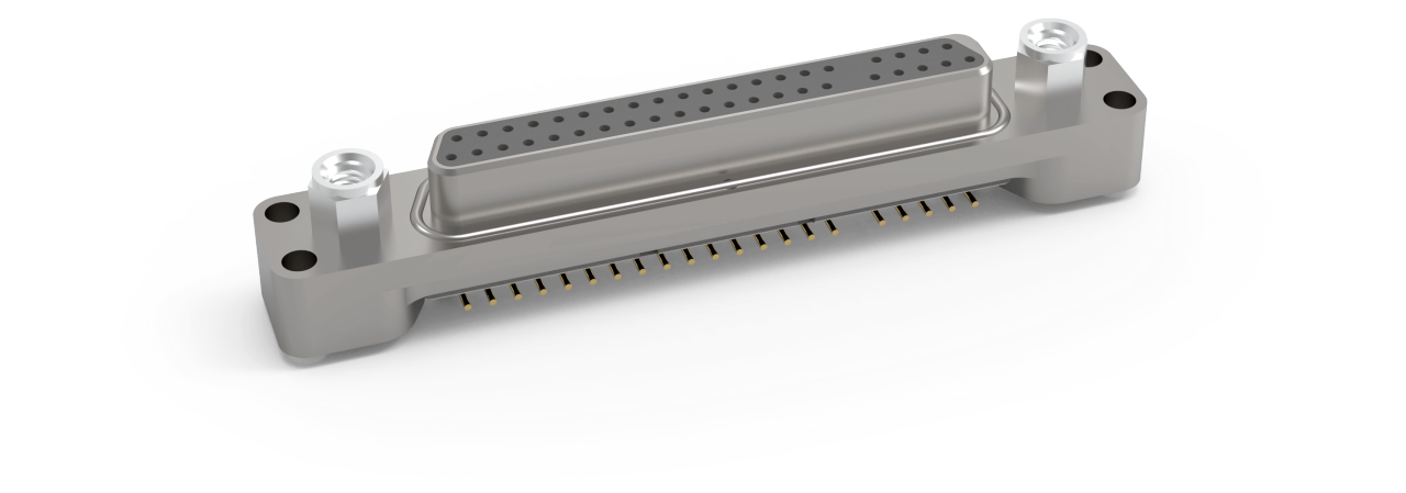 AirBorn microSI High-Speed Micro-D Plug with surface-mount termination option in a vertical orientation with mounting ears.