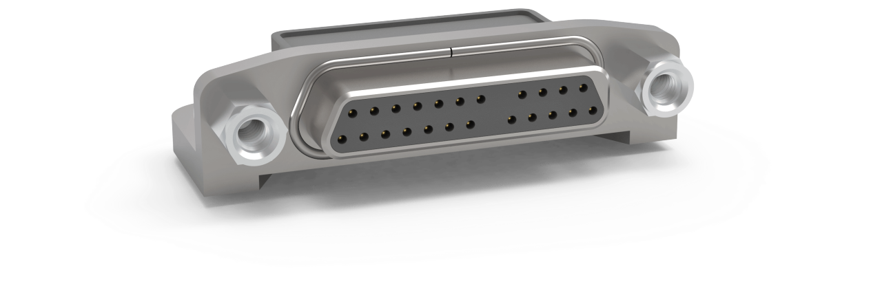 AirBorn microSI High-Speed Micro-D Receptacle with surface-mount termination option in a right-angle orientation with mounting ears.