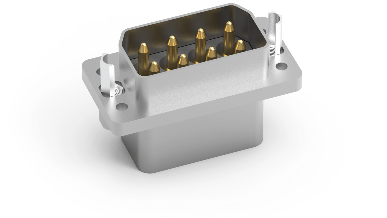 AirBorn RocKet Macro-D connector power receptacle with dual rows and a panel-mount option.