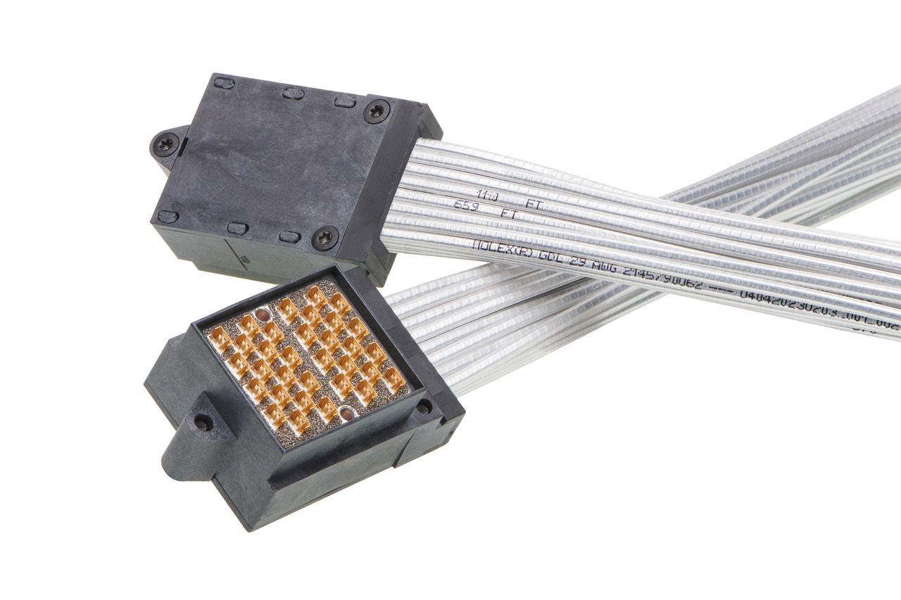 CX2 connectors terminated to low-loss twinax cable. 