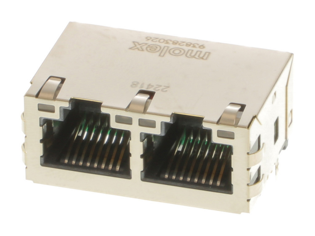 Right-angle, gray magnetic jack with a 1x2 port configuration. 
