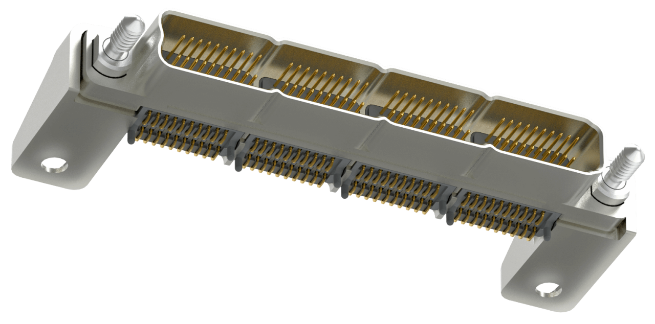 AirBorn SInergy Modular High-Speed Hybrid Connector board-mount receptacle with two bays in a right-angle orientation.