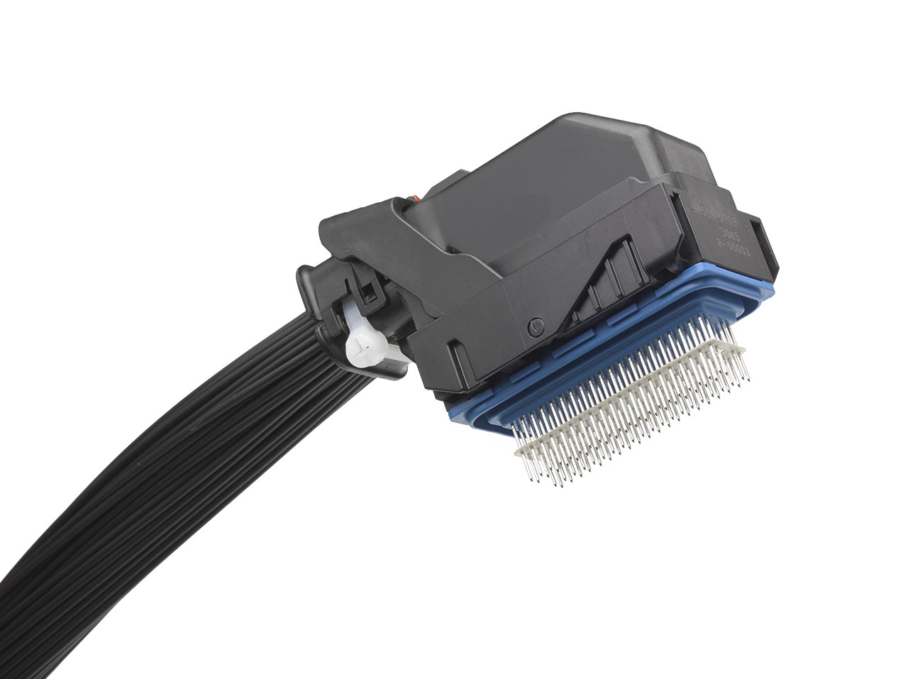 MX123 connector system with a header, receptacle and wire dress cover.