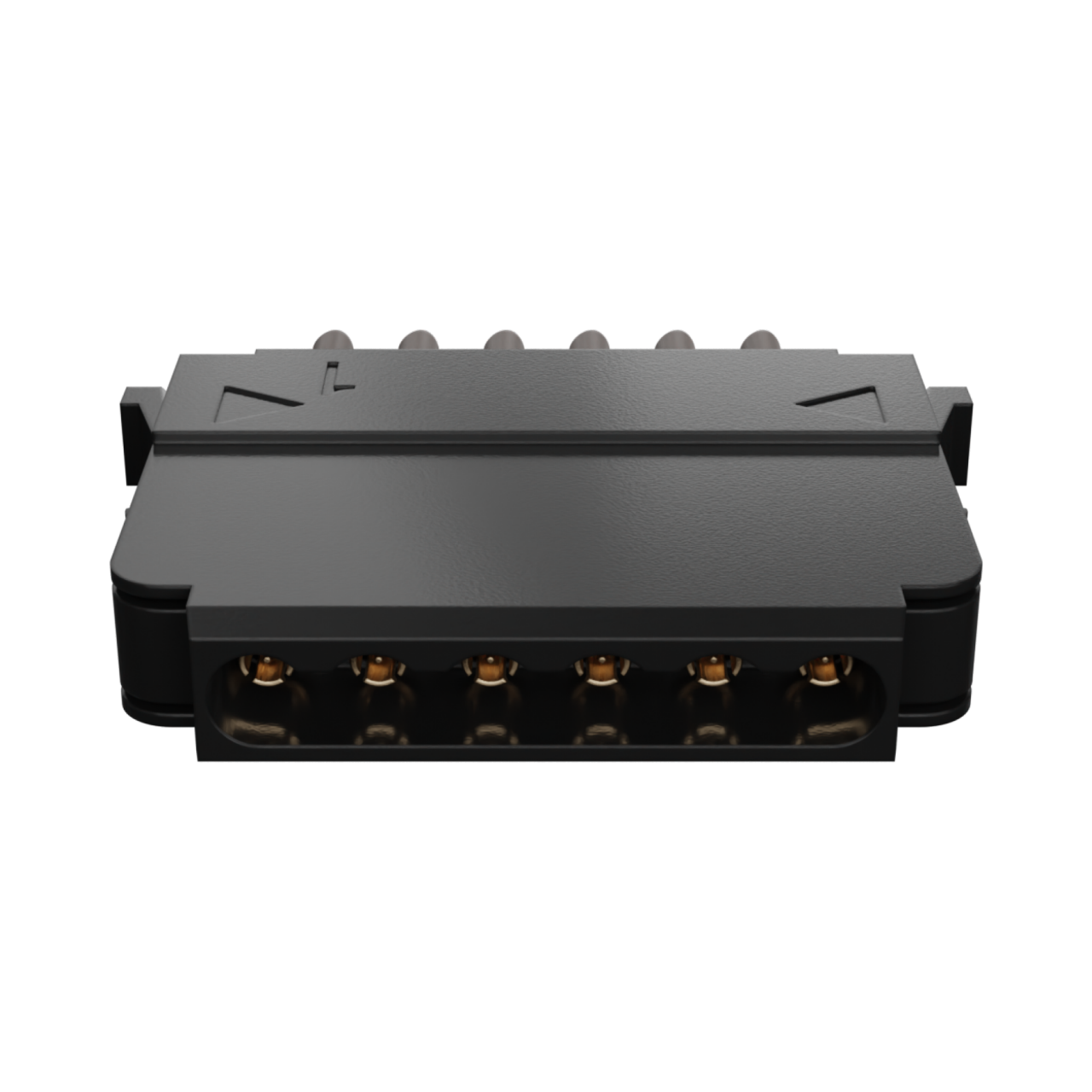 Molex eight-line ganged MPRF plug with side latches.